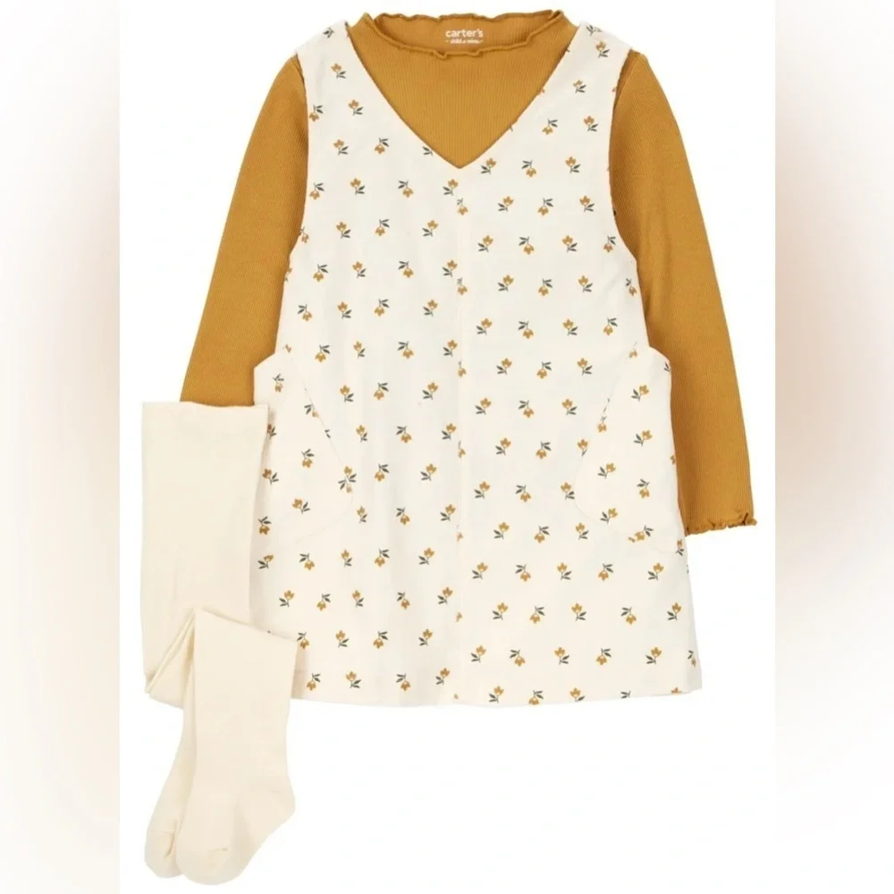 Carter's Cream Floral Dress and Gold Long Sleeve Top Set 3 Piece